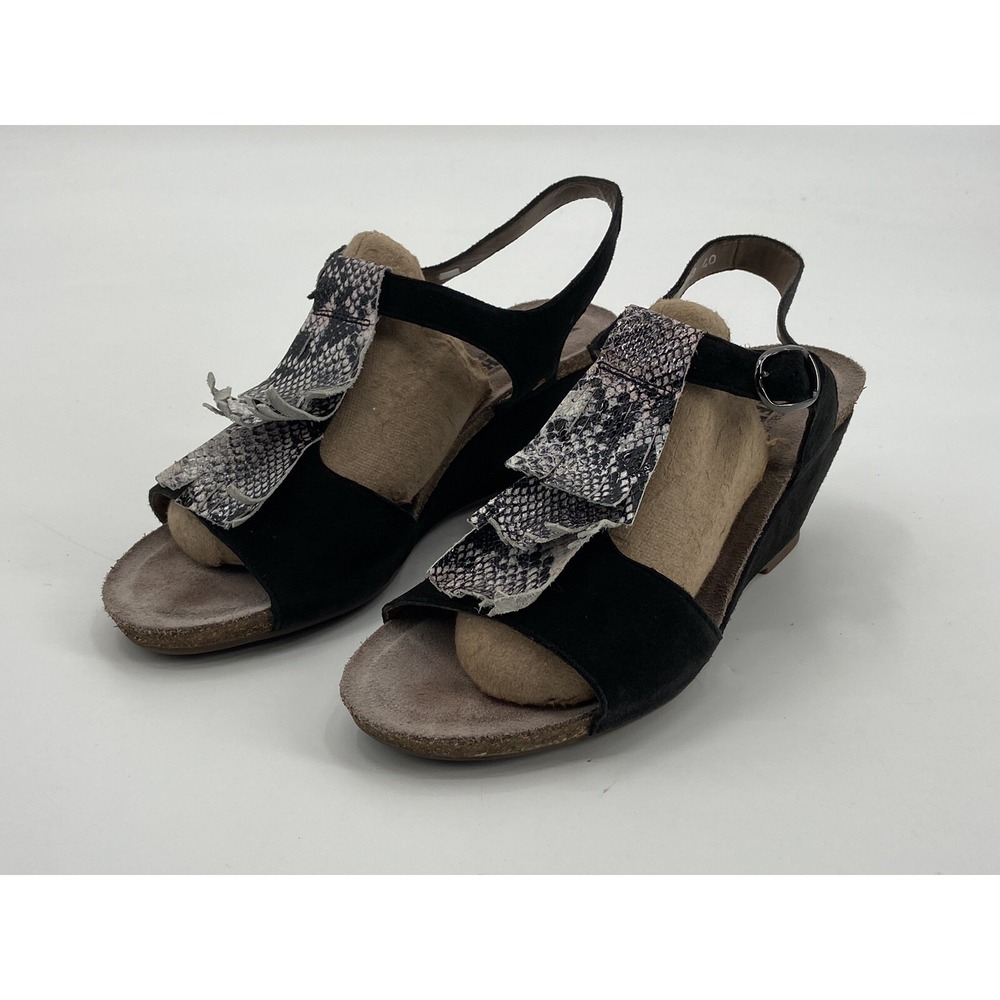 Mephisto Women's BLACK Leather Wedge Sandal EUR 40‎ Stone Slide Air Relax